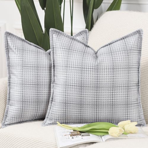 Madizz 2er Set im Freien Gewebtes Kissenbezügen mit Kante Weiche dekorative Kissenbezüge für Terrasse Sofa Schlafzimmer Kissenhülle Hellgrau 40x40 cm Quadrat von Madizz