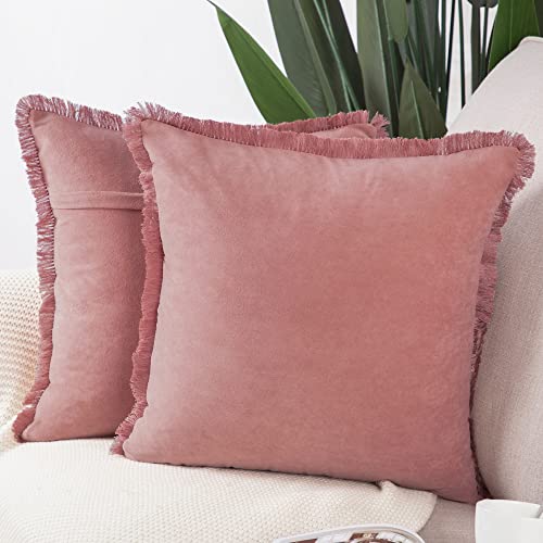 Madizz 2er Set Kissenbezügen aus Wildleder mit Fransenquasten Weiche dekorative Kissenbezüge für Sofa Schlafzimmer Kissenhülle Hellrosa 55x55 cm Quadrat von Madizz