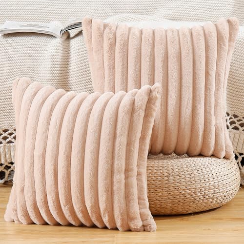 Madizz 2er Set Kunstpelz Plüsch Dekorative Kissenbezüge Flauschig Gestreifte Weich Dekorative Kissenbezug für Sofa Schlafzimmer Kissen Shell Hellbraun 40 x 40 cm von Madizz