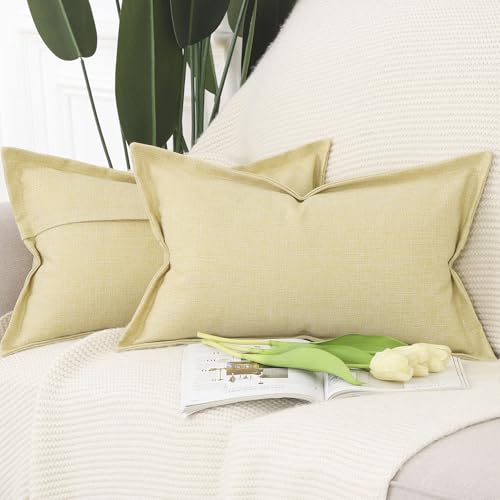 Madizz 2er Set Leinen Kissenbezügen mit breiter Kante Weiche dekorative Kissenbezüge für Sofa Schlafzimmer Kissenhülle Hellgelb 30x50 cm Rechteckig von Madizz