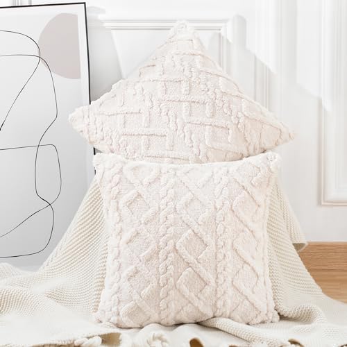 Madizz 2er Set Sanft Kurze Wolle Fleece Dekorativ Zierkissenbezüge Luxus Stil Kissenbezug für Sofa für Schlafzimmer Beige 50x50 cm Quadrat von Madizz