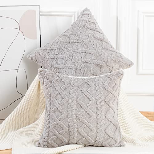 Madizz 2er Set Sanft Kurze Wolle Fleece Dekorativ Zierkissenbezüge Luxus Stil Kissenbezug für Sofa für Schlafzimmer Hellgrau 30x30 cm Quadrat von Madizz