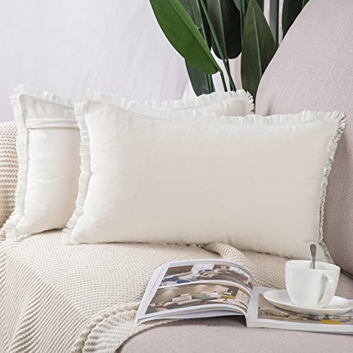 Madizz 2er Set Kissenbezügen aus Wildleder mit Fransenquasten Weiche dekorative Kissenbezüge für Sofa Schlafzimmer Kissenhülle Creme Weiß 30x50 cm Rechteckig von Madizz