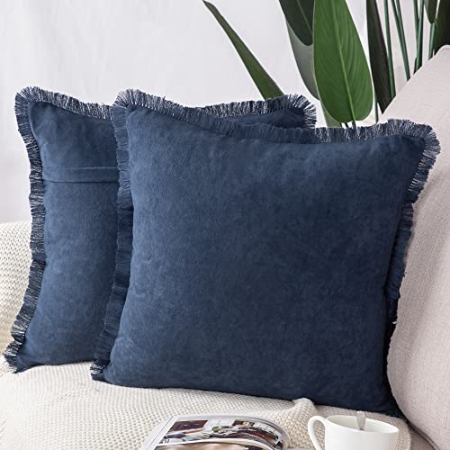 Madizz 2er Set Kissenbezügen aus Wildleder mit Fransenquasten Weiche dekorative Kissenbezüge für Sofa Schlafzimmer Kissenhülle Dunkelblau 40x40 cm Quadrat von Madizz