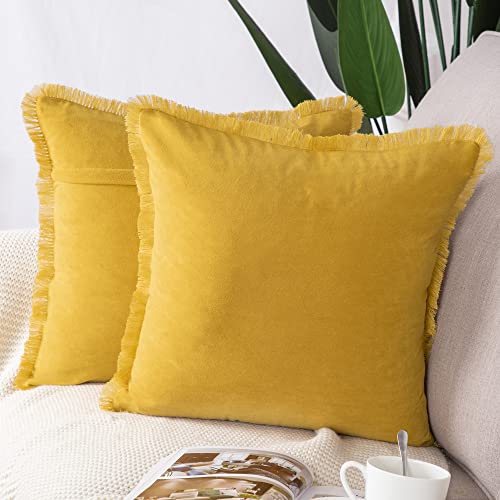 Madizz 2er Set Kissenbezügen aus Wildleder mit Fransenquasten Weiche dekorative Kissenbezüge für Sofa Schlafzimmer Kissenhülle Gelb 50x50 cm Quadrat von Madizz