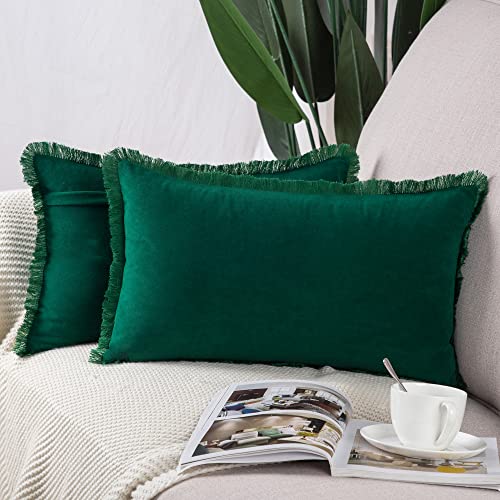 Madizz 2er Set Kissenbezügen aus Wildleder mit Fransenquasten Weiche dekorative Kissenbezüge für Sofa Schlafzimmer Kissenhülle Grün 30x50 cm Rechteckig von Madizz