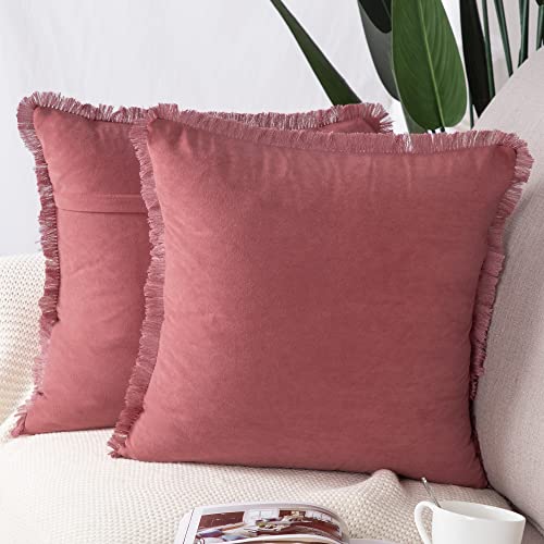 Madizz 2er Set Kissenbezügen aus Wildleder mit Fransenquasten Weiche dekorative Kissenbezüge für Sofa Schlafzimmer Kissenhülle Rosa 45x45 cm Quadrat von Madizz