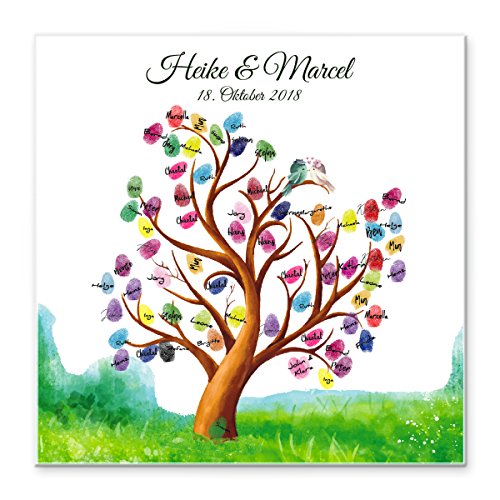 Madyes Leinwand Hochzeit Fingerabdruck Gästebuch Baum personalisiert Tree & Birds für das Brautpaar als Geschenk, Hochzeitsdekoration, Namen mit Datum. 50x50 cm groß auf Keilrahmen Holz von Madyes