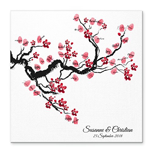 Madyes Leinwand Hochzeit Fingerabdruck Gästebuch personalisiert Baum Chinese Cherry für das Brautpaar als Geschenk, Hochzeitsdekoration, Namen mit Datum. 50x50 cm groß auf Keilrahmen Holz von Madyes