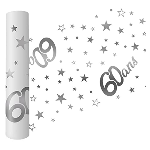 Tischläufer Geburtstag 60 Jahre – 5 Meter Metall Silber – Organza transparent glänzend und hart – 500 x 28 cm (60 Jahre) von Maelsa