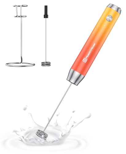 MaestriHouse wiederaufladbarer Milchaufschäumer, tragbar, elektrisch, wasserdicht, abnehmbarer Edelstahl-Schneebesen, Getränkemixer, Ständer, 2 Schneebesen (Farbverlauf Orange) von Maestri House