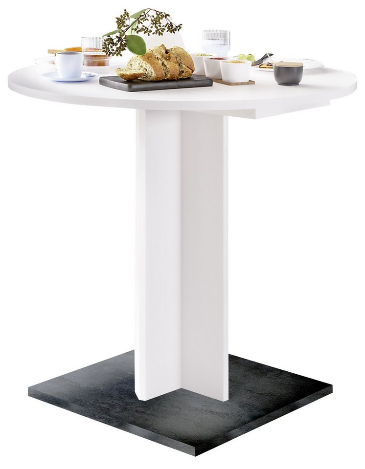 Mäusbacher Kulissentisch rund, ausziehbar, weiss matt / schwarzstahl - 80/120x75 (D/BxH) von Mäusbacher