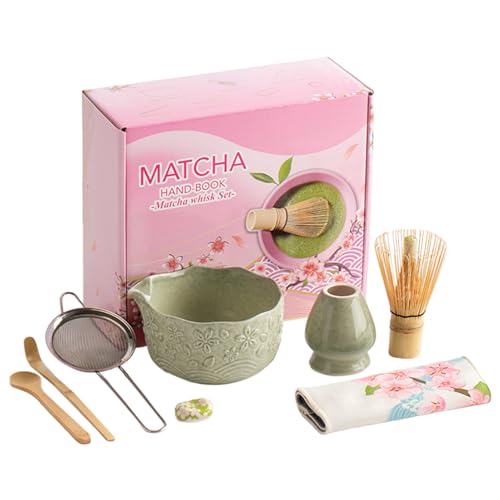 8 Stück Matcha Tee Set Mit Matchas Besen, Keramik Matcha Schale Mit Ausgießer, Matchas Schneebesen Set Mit Löffel & Sieb, Matchaa Zubehör Für Die Teezeremonie, Kirschblütenmusterdesign (A) von Mafagwre