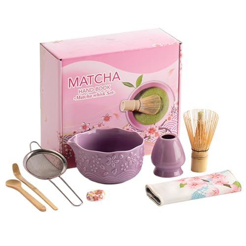 8 Stück Matcha Tee Set Mit Matchas Besen, Keramik Matcha Schale Mit Ausgießer, Matchas Schneebesen Set Mit Löffel & Sieb, Matchaa Zubehör Für Die Teezeremonie, Kirschblütenmusterdesign (B) von Mafagwre