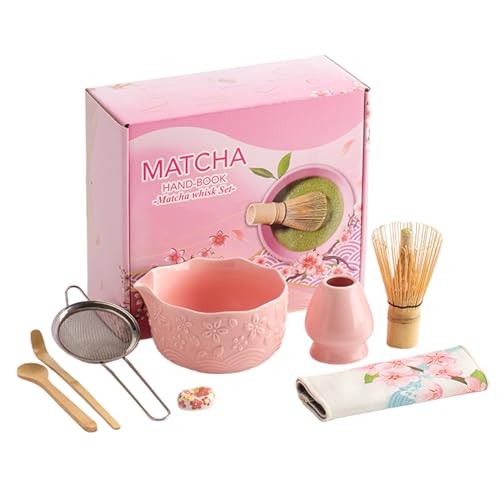 8 Stück Matcha Tee Set Mit Matchas Besen, Keramik Matcha Schale Mit Ausgießer, Matchas Schneebesen Set Mit Löffel & Sieb, Matchaa Zubehör Für Die Teezeremonie, Kirschblütenmusterdesign (C) von Mafagwre