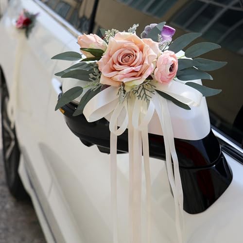 Mafagwre 2 Stück Hochzeit Autoschleifen, Hochzeit Autoschmuck, Hochzeitsauto Dekorationsset, Simulation Rose Schleife Band Autoschmuck, Hochzeit Stuhl Zurück Schmücken Für Hochzeitsfeier (A) von Mafagwre