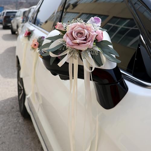 Mafagwre 2 Stück Hochzeit Autoschleifen, Hochzeit Autoschmuck, Hochzeitsauto Dekorationsset, Simulation Rose Schleife Band Autoschmuck, Hochzeit Stuhl Zurück Schmücken Für Hochzeitsfeier (B) von Mafagwre