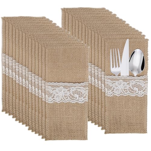 Mafagwre 40 Stück Jute-Spitzen-Besteckbeutel Für Hochzeit, Sackleinen Spitze Besteckbeutel Besteckhalter, Vintage Bestecktaschen Mit Spitze, Vintage Hochzeitsdeko Tischdeko Für Hochzeit Party (A) von Mafagwre
