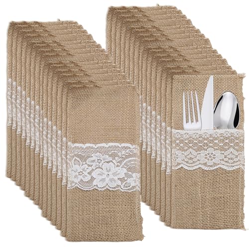 Mafagwre 40 Stück Jute-Spitzen-Besteckbeutel Für Hochzeit, Sackleinen Spitze Besteckbeutel Besteckhalter, Vintage Bestecktaschen Mit Spitze, Vintage Hochzeitsdeko Tischdeko Für Hochzeit Party (C) von Mafagwre