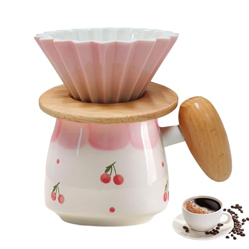 Mafagwre Pour Over Kaffeebereiter Mit Keramikbecher, Kaffeefilterhalter Wiederverwendbar, Kaffeefilter Porzellan Mit Holzgriff, Kaffeekanne Aus Keramik, Manuelle Tropfkaffeemaschine (Cherry) von Mafagwre