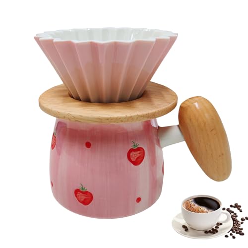 Mafagwre Pour Over Kaffeebereiter Mit Keramikbecher, Kaffeefilterhalter Wiederverwendbar, Kaffeefilter Porzellan Mit Holzgriff, Kaffeekanne Aus Keramik, Manuelle Tropfkaffeemaschine (Strawberry) von Mafagwre