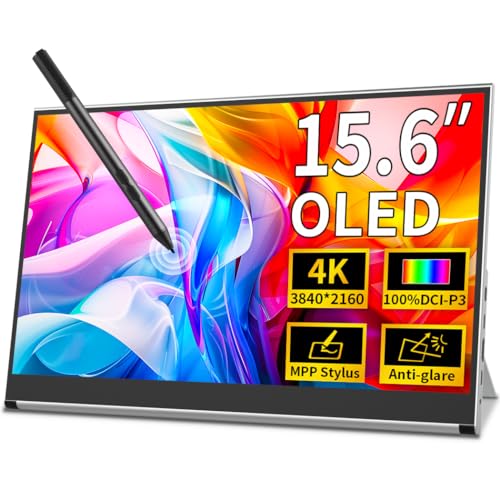 Magedok OLED Tragbarer Monitor 4K, 15.6 Zoll Touchscreen Display DCI-P3 100%, Anti-Glare, 1Ms, MPP Stylus Pen Kompatibel, Laptop Externer Bildschirm Augenpflege Gaming Computer Display W/Stand Sliver von Magedok