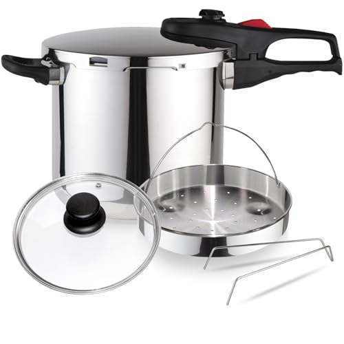 Magefesa Practika Plus - Exklusives Set Schnellkochtopf 7.5L + Korb + Glasdeckel, Edelstahl 18/10, Drucksensor, Induktion von Magefesa