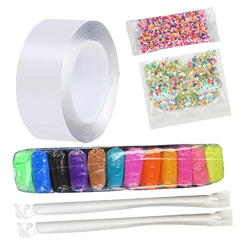 MagiDeal Durchsichtiges Nano Klebeband Doppelseitiges, Selbstklebendes Nano Tape Bubble für Kinder, 300CM DIY Handgefertigte Nicht Markierend Tape, mit 2 STK Strohhalme + 12 Farben Ton + Pailletten von MagiDeal