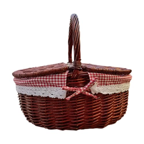 MagiDeal Picknickkorb, geflochtener Korb, Obst- und Gemüsebehälter mit waschbarem Futter, Heimdekoration, tragbarer Aufbewahrungskorb, Rot Kariert, 35x25x16cm von MagiDeal