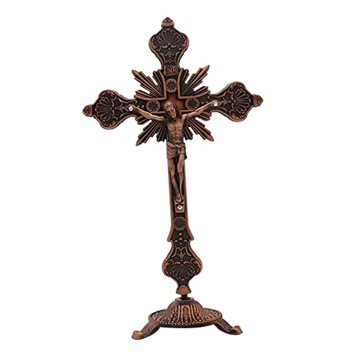 MagiDeal Stehendes Kruzifix, Tischkreuz, Metall, klein, 25,4 cm, Jesus am Kreuz, Statue, Kruzifix mit Ständer, Jesus-Kruzifix für Kapelle, Schreibtisch, Regal, Antik Rot von MagiDeal