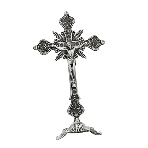 MagiDeal Stehendes Kruzifix, Tischkreuz, Metall, klein, 25,4 cm, Jesus am Kreuz, Statue, Kruzifix mit Ständer, Jesus-Kruzifix für Kapelle, Schreibtisch, Regal, Antikes Zinn von MagiDeal