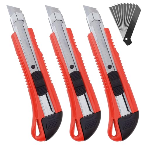 3 Stück Cuttermesser Set 18mm mit 10 Ersatzklingen, Abbrechklingen Kartonmesser Mehrzweck Messer Allzweckmesser Teppichmesser mit Sicherheitslock, Cuttermesser Profi mit Gummigriff von MagiSel