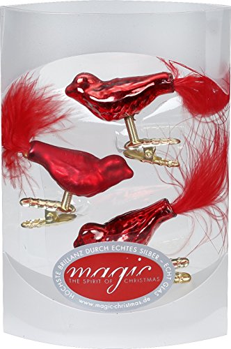MAGIC 3 Vögel 4,5 cm Glas Weihnachtsschmuck Weihnachtsdeko Christbaumkugeln Christbaumschmuck 45mm Farbe: Rot Glanz/matt von MAGIC by Inge