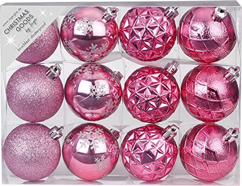 Weihnachtskugeln Kunststoff 6cm x 12 Stück Set mit Muster Mix Christbaumkugeln pink von MAGIC by Inge