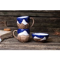 Handgemachte Keramik Berg Tee Set || Becher, Schale, Tee-Liebhaber-Geschenk, Natur Bio-Keramik-Becher, Blaue Becher von MagicCeramicsShop