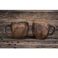 Set Aus Zwei Großen Keramikbechern || Von Handgemachten Mit Blätterimpressionen, Einzigartige Keramik-Kaffeebecher Natur, Blattbecher von MagicCeramicsShop
