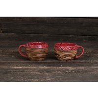 Set Von Zwei Rot Glasierten Keramikbechern || Einzigartige Keramik Tasse, Rustikale Kaffeetasse, Braune Tee-Set, Weihnachtsgeschenk, Gepunktete Tasse von MagicCeramicsShop