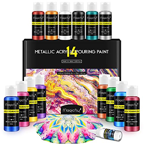 Magicfly Pouring Acrylfarbe Metallic, 14 flüssige Gießfarben 60 ml Flaschen mit Silikonöl für Leinwand, Holz, Stein, Glas, ideal für Kunstwerke, DIY-Projekte von Magicfly