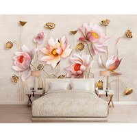 3D Lotusblumen Wallpaper Wandbild | Vliestapete Oder Abzieh - Und Aufklebetapete Wohnzimmer Gestaltung Wohndekor von MagicwallsWallpaper