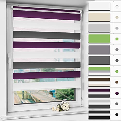 Magiea Doppelrollo Klemmfix ohne Bohren & mit Bohren, (Weiß-Anthrazit-Aubergine 40x120cm) Duo Rollo, Klemmrollo lichtdurchlässig und Blickdicht, Fensterrollo Sonnenschutzrollo für Fenster und Tür von Magiea