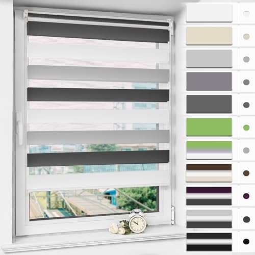 Magiea Doppelrollo Klemmfix ohne Bohren & mit Bohren, Weiß-grau-anthrazit B55 x H150 cm Stoffbreite 51 cm, Klemmrollo lichtdurchlässig und Blickdicht, Fensterrollo Sonnenschutzrollo für Fenster von Magiea