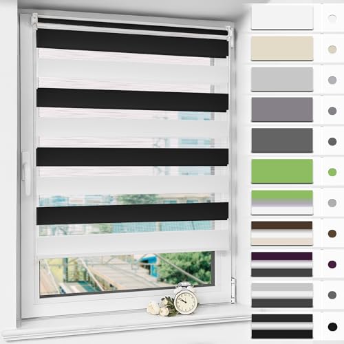 Magiea Doppelrollo Klemmfix ohne Bohren & mit Bohren, Schwarz-weiß B40 x H120 cm Stoffbreite 36 cm, Klemmrollo lichtdurchlässig und Blickdicht, Fensterrollo Sonnenschutzrollo für Fenster von Magiea