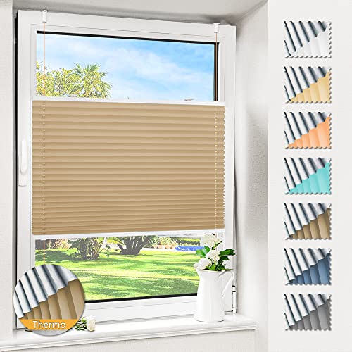 Magiea Plissee ohne Bohren verdunkelung, Thermo Plisseerollo Klemmfix, Beige-Thermo 50x100cm(BxH), Verdunklungsplissee mit Klemmträger, Faltrollo Blickdicht für Fenster & Tür, Sichtschutz Sonnenschutz von Magiea