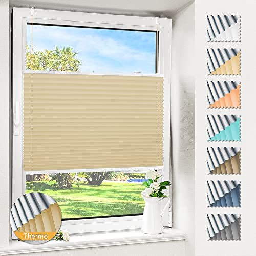 Magiea Plissee ohne Bohren verdunkelung, Thermo Plisseerollo Klemmfix, Hellbeige 80x120cm(BxH), Verdunklungsplissee 100% lichtundurchlässig, Faltrollo für Fenster, Sichtschutz Sonnenschutz von Magiea