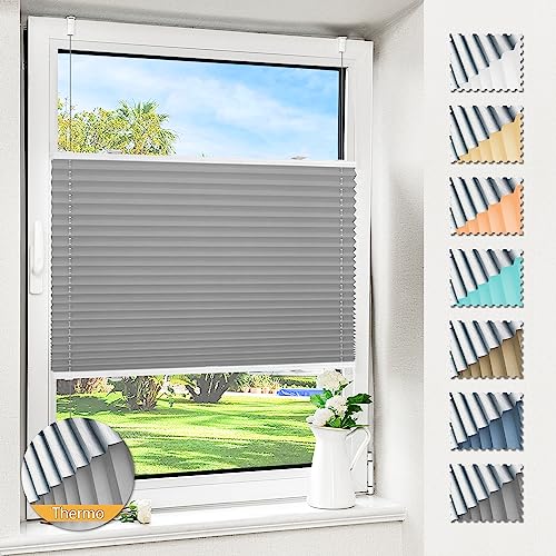 Magiea Plissee ohne Bohren verdunkelung, Thermo Plisseerollo Klemmfix, Hellgrau 35x100cm(BxH), Verdunklungsplissee 100% lichtundurchlässig, Faltrollo für Fenster, Sichtschutz Sonnenschutz von Magiea