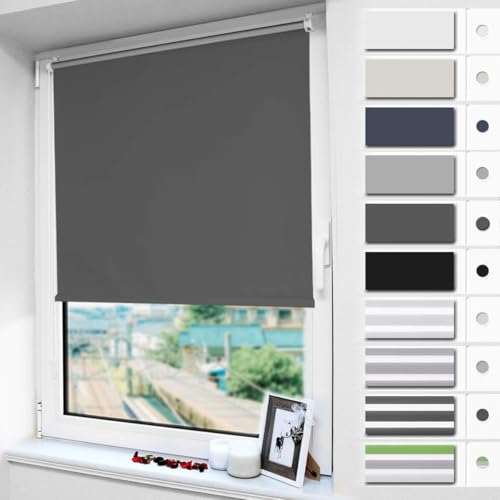 Magiea Verdunklungsrollo ohne & mit Bohren Klemmfix, Dunkelgrau B75 x H120 cm (Stoffbreite 70 cm), Klemmrollo Thermorollo, Innenrollo für Sonnen- und Sichtschutz, Rollos für Fenster & Tür von Magiea