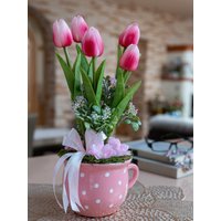 Magenta-Weiße Künstliche Tulpe Anordnung in Gepunkteter Tasse, Schatz-Tisch-Dekor, Indoor-Garten-Imitat-Blumen-Arrangement, Ewige Blume von MagikaDekor