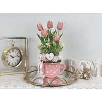 Real Touch Malve Seiden Tulpen Arrangement in Gepunktetem Becher, Home Decor, Künstliche Blumen Zum 70 von MagikaDekor
