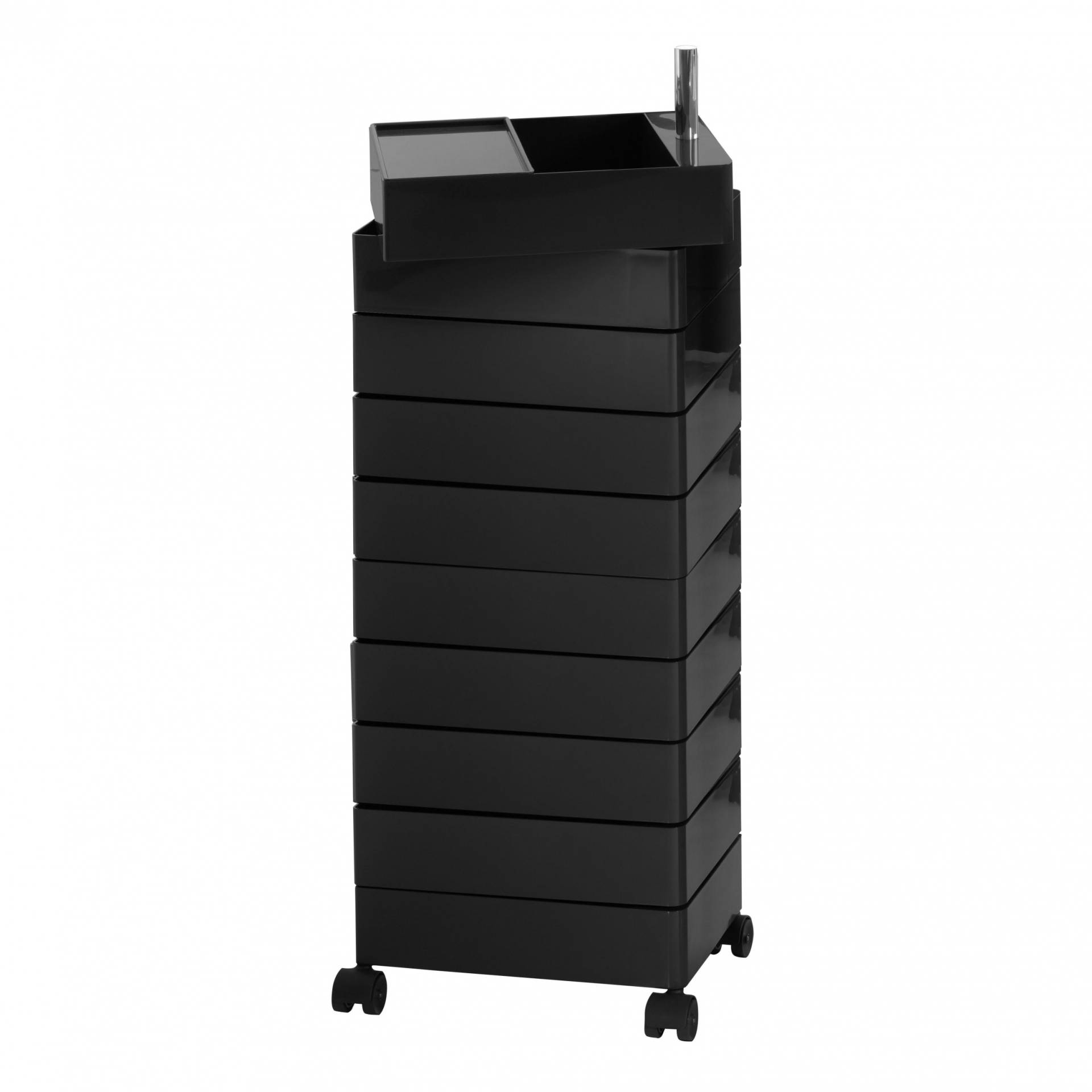Magis - 360° Container 127 mit Rollen - schwarz/glänzend/Schubfachhöhe 9,8 cm/ 32x46x127cm/inkl. Tablett/10 Schubladen von Magis