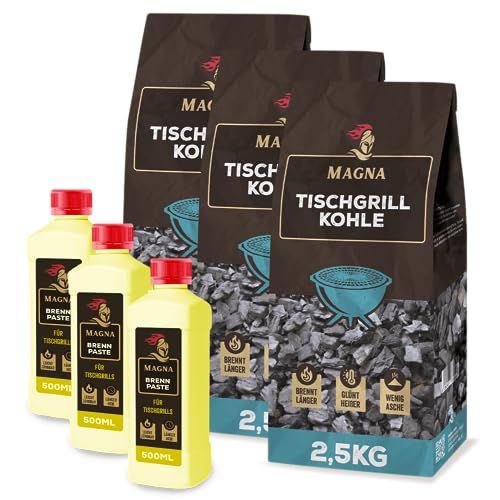 Magna Premium Tischgrillset - Tischgrillkohle/Tischgrillbriketts & Brennpaste - geeignet für Tischgrill, Holzkohletischgrill - Rauchfreies Grillen mit Tischgrill (Tischgrillkohle, 3er) von Magna